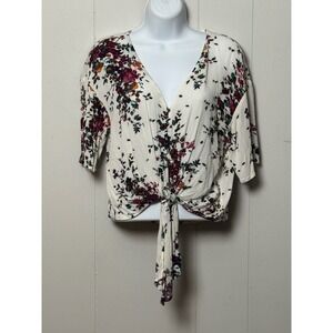 LUQ Women's Floral Tie Front V-Neck Rayon Top Cream Burgundy Short Sleeve Size S